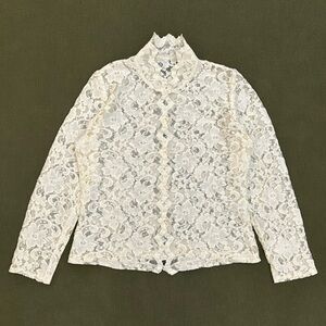 White Lace Mock Neck Button Up Blouse
